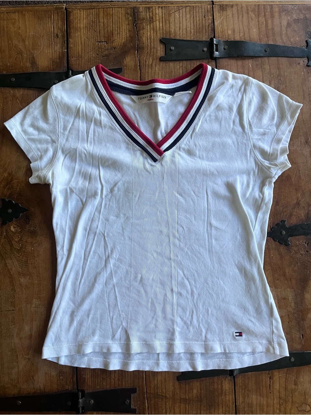 Tommy Hilfiger White V-Neck Tee with Red and Navy Trim
